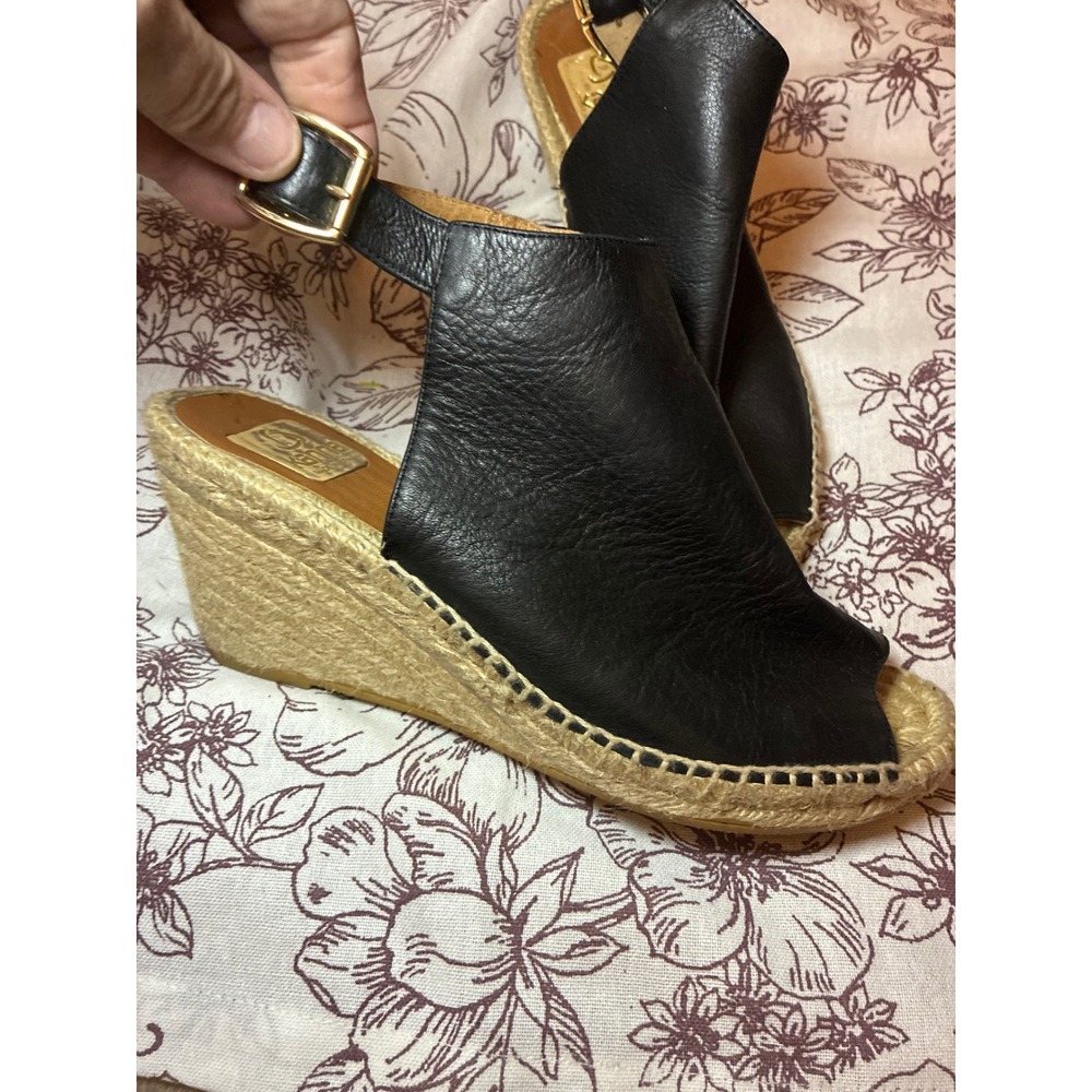 Kanna Spain Black Leather Espadrille Wedge Sandals Slingback Peep Toe Size 38